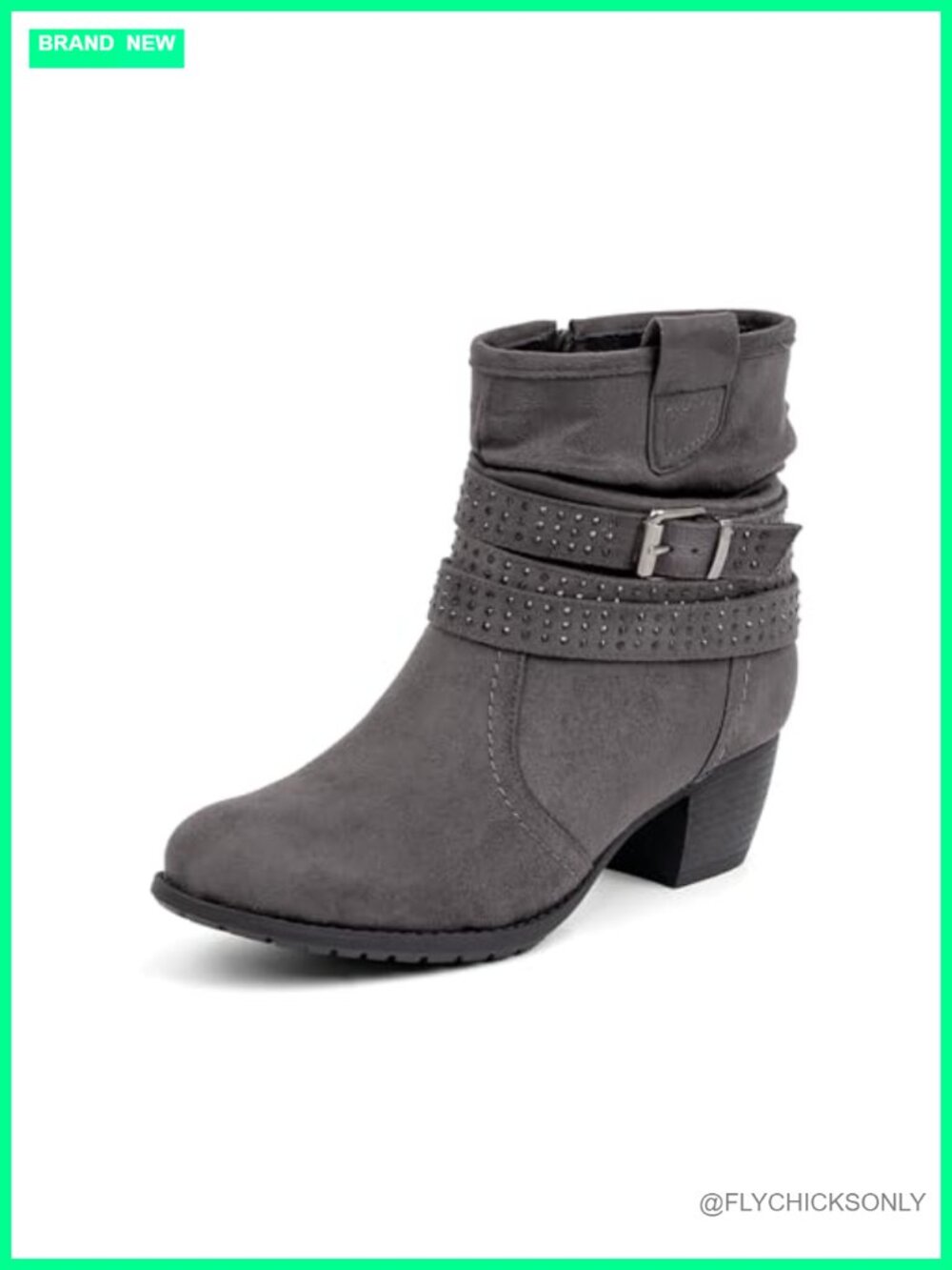 Faux Suede Ankle Booties Round Toe Low Heel Jeweled Strap Slouchy Zip